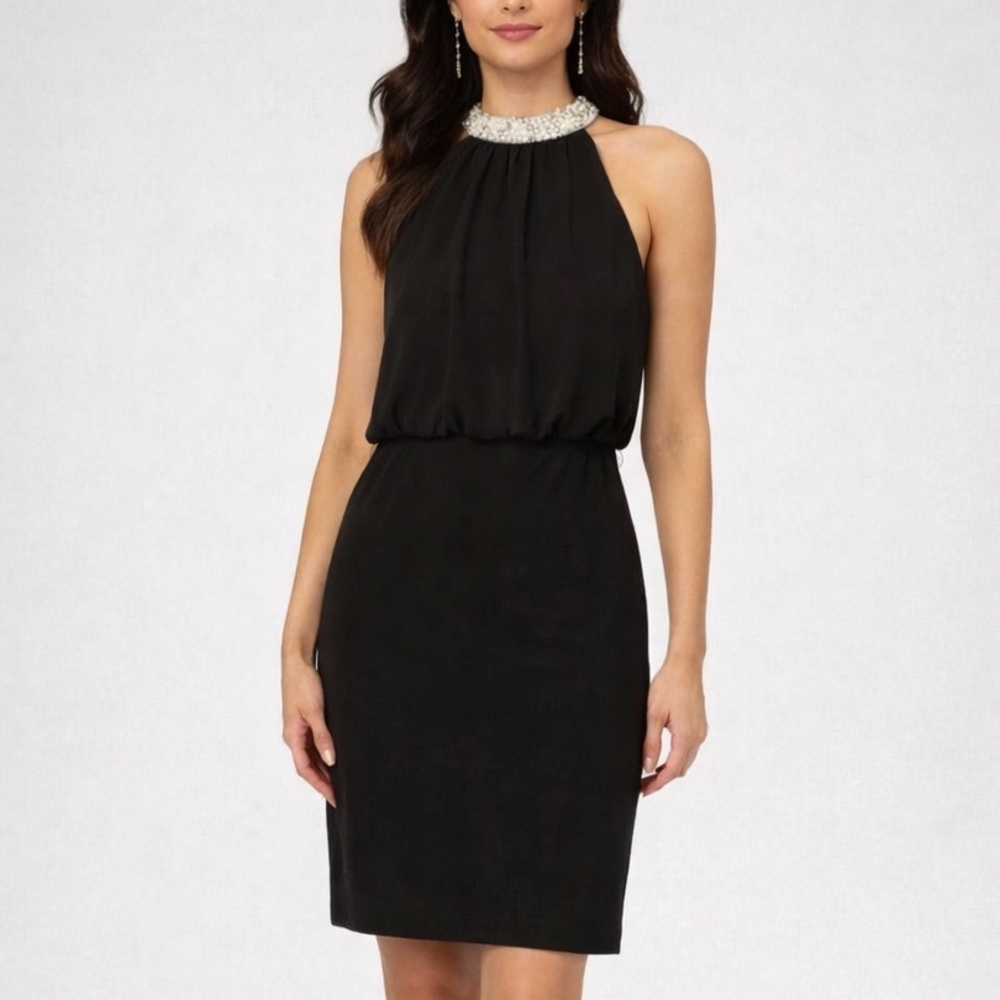 🆕✨Adrianna Papell Brown Halter Cocktail Dress Pearl Size 8 Evening Formal Midi